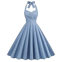 IDOPIP Women's Summer Vintage 1950s Dress Halter Retro Polka Dot Cocktail Party Swing Dresses Wedding Formal A-line Midi Gown