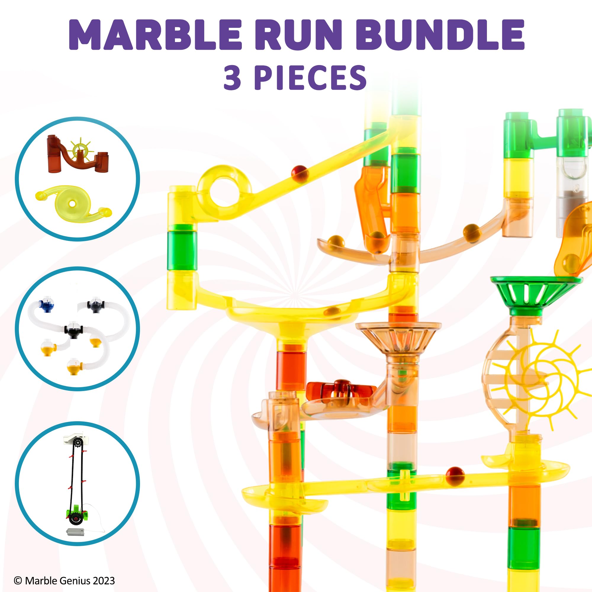 Marble Genius Bundle: Marble Run Booster Set (30 Pieces), Automatic Chain Lift, Marble Run Pipes & Spheres Accessory (10 Pieces), Experience The Thrills of Marble Racing
