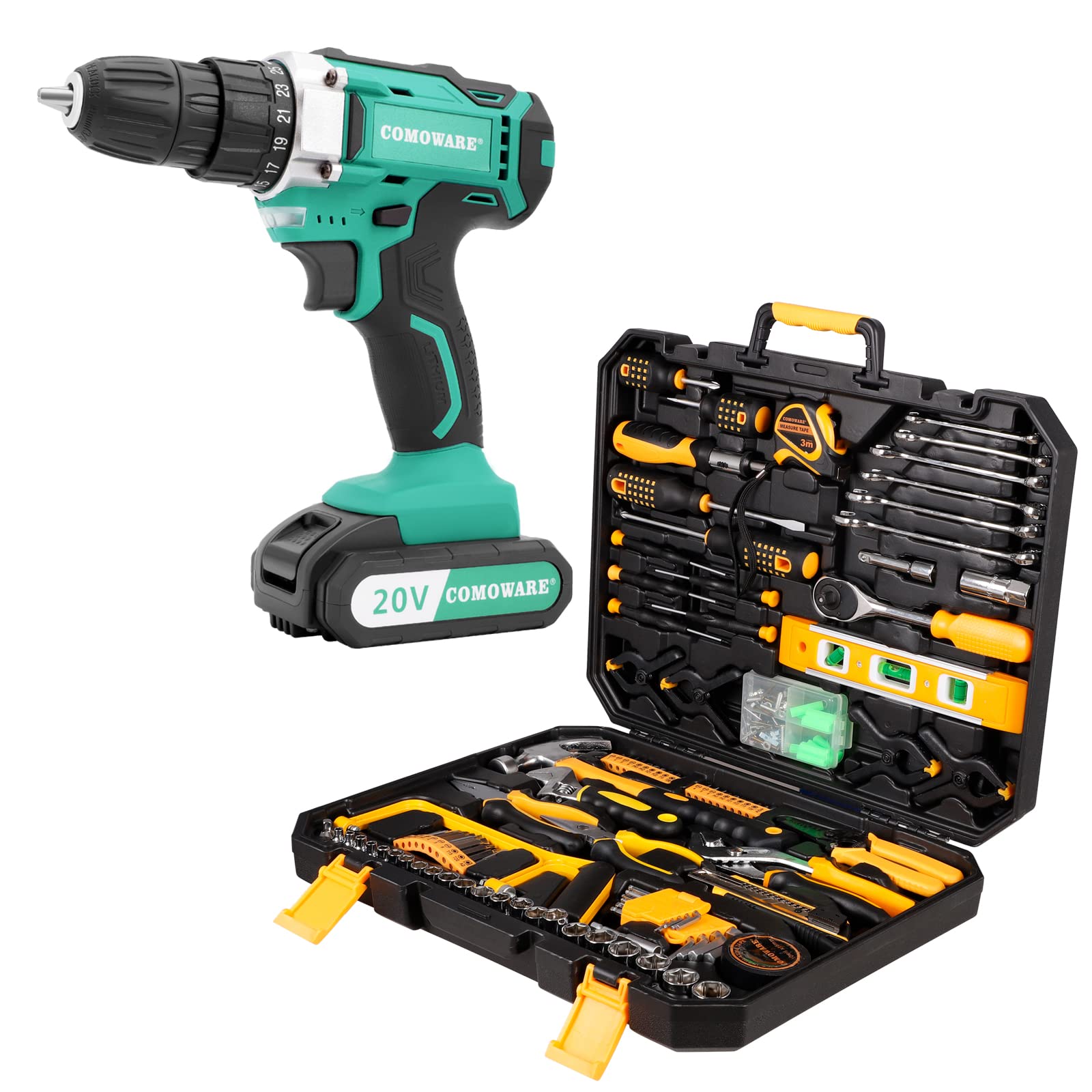 COMOWARE 20V Cordless Drill 168 Pcs Home Repair Tool Kit