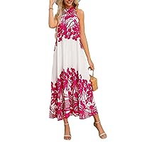 Womens Halter Neck Long Dresses Cute Sleeveless Floral Flowy Pleated Beach Maxi Dress Cocktail Party Dress