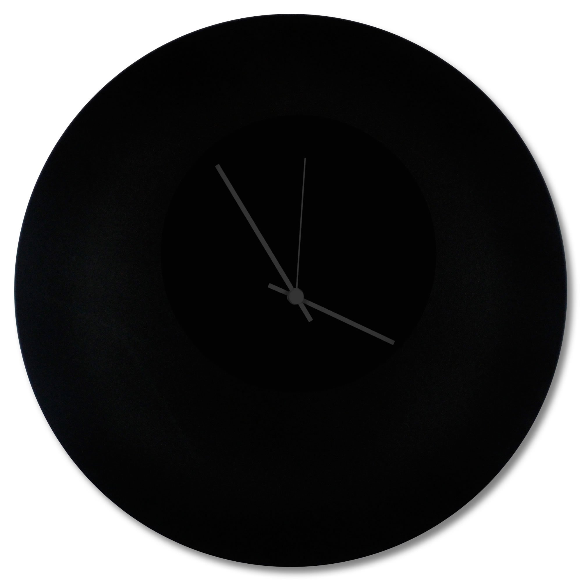Minimalist Black Clock 'Blackout Black Circle Clock' Contemporary Metal Wall Clocks, Monochrome Modern Decor - 16in. Black w/Black Hands