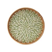 Round Rattan Tray with Mother of Pearl Inlay, Rattan Serving Tray with Wooden Base, Decorative Wicker Basket for Table Decor, Storage and Display of Coffee Bread Food Fruit (Leaf)