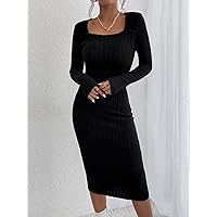 Dresses for Women Square Neck Ribbed Knit Bodycon Dress (Color : Black, Size : X-Small)