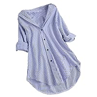 Women's Turn-down Collar Button Blouses Stripe Tops Plus Size Long Sleeve Shirt Loose Tunic