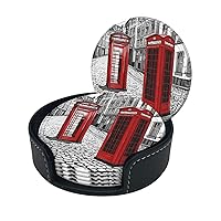 London Red Telephone Booth Print Coaster,Round Leather Coasters with Storage Box for Wine Mugs,Cold Drinks and Cups Tabletop Protection (6 Piece)