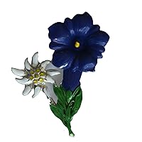 Breiter Pin Hat Gentian and Edelweiss Flowers Traditional Costume Brooch Badge