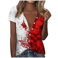 Womens Fashion Casual Short Sleeve Independence Day Print Buttons Lapel Shirt Top Blouse Loose Comfortable Shirt