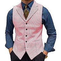 Men's Tweed Plaid Lapel Suit Vest Casual Formal Dress Waistcoat Tank Top with 5 buttons and 2 Pockets for Work Party ( Color : Pink , Size : X-Large )