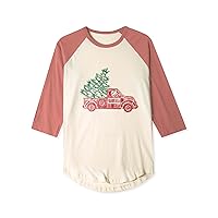 Hat and Beyond Mens Festive Winter Holiday Red and Green Christmas Tree Truck Graphic Print 3/4 Sleeve Raglan T-Shirt