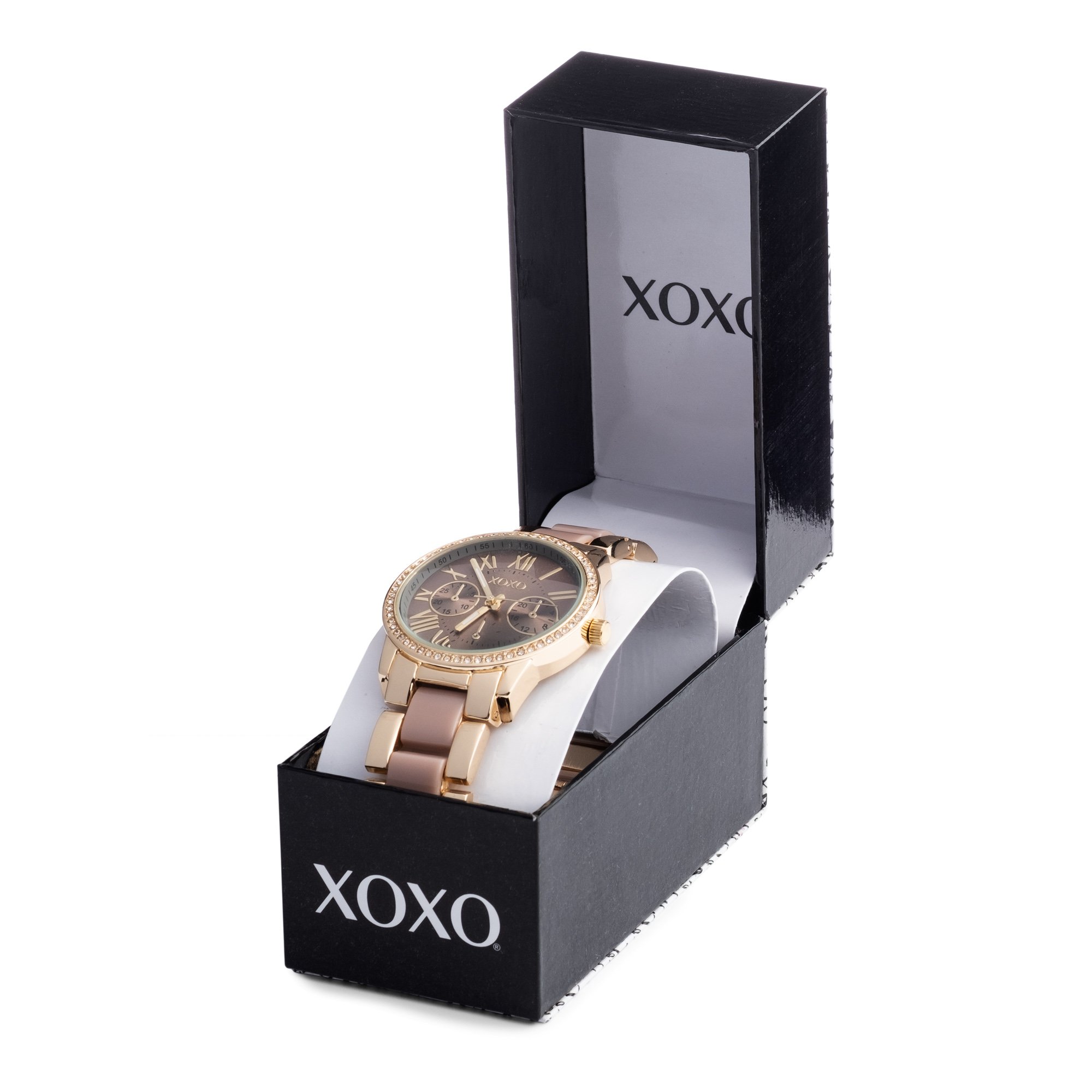 Accutime XOXO Women's Analog Watch with Gold-Tone Case, Crystal-Inset Bezel, Fold-Over Clasp - Official XOXO Woman's Gold and Rose Gold Watch, Two-Tone Chain Link Strap - Model: XO5873
