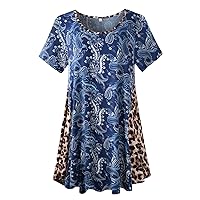 LARACE Leopard Print Tops for Womens Short Sleeve Shirts Plus Size Tunic Swing Summer Clothes Color Block Tee