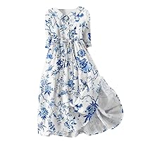 Floral Printed Dress for Women 3/4 Sleeve Lapel Button Down High Waist Lace Up Dress Fashion Summer Beach Flowing Dress