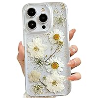 for iPhone 15 Pro Clear Case with Pressed Real Flowers Design,Glitter Cute White Floral Pattern Slim Soft TPU Protective Women Girl's Phone Cover for iPhone 15 Pro
