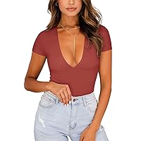 REORIA Women's Sexy Plunge Deep V Neck Short Sleeve Bodysuit Double Lined Going Out T Shirt Tops