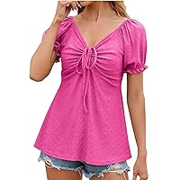 Cute Eyelet Blouses for Women Dressy Casual Puff Sleeve V Neck Drawstring Ruched Babydoll Tops Summer Short Sleeve T Shirts