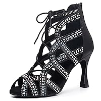 Womens Girls Salsa Dancing Shoes Crystals Beaded Ballroom Heels Wedding Evening Ankle Booties with Zip X3222