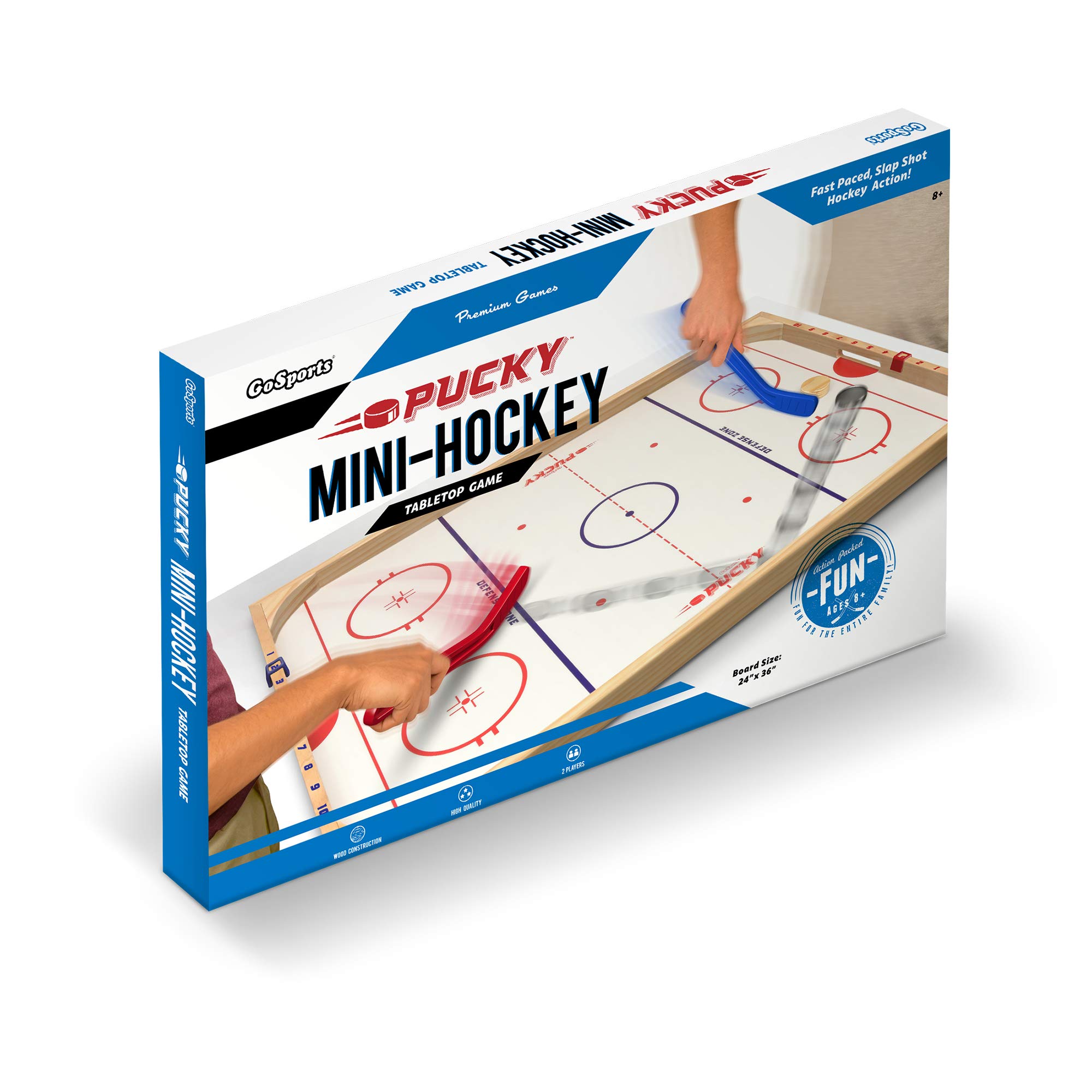 GoSports Ice Pucky Wooden Tabletop Hockey Game for Kids & Adults - Includes 1 game board, 2 Hockey Sticks & 3 Pucks