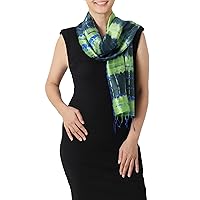 NOVICA Artisan Handmade Silk Scarf Unique Tie Dyed Green Blue Thailand Accessories Scarves Patterned 'Thai Meadow'