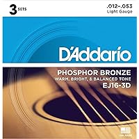 D'Addario Guitar Strings - Phosphor Bronze Acoustic Guitar Strings - EJ16-3D - Rich, Full Tonal Spectrum - For 6 String Guitars - 12-53 Light, 3-Pack