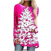 Womens Long Tunics or Tops to Wear with Leggings, Casual Loose Fit Crew Neck Christmas Tree Print Blouses Shirt