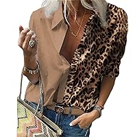 Andongnywell Women's Leopard Print Button Down Shirts Sleeve Tops V Neck Casual Work Blouses Tunics