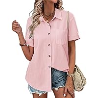 Zeagoo Womens Button Down Shirts Color Block Short Sleeve Cotton Linen Summer Causal Blouses Tops