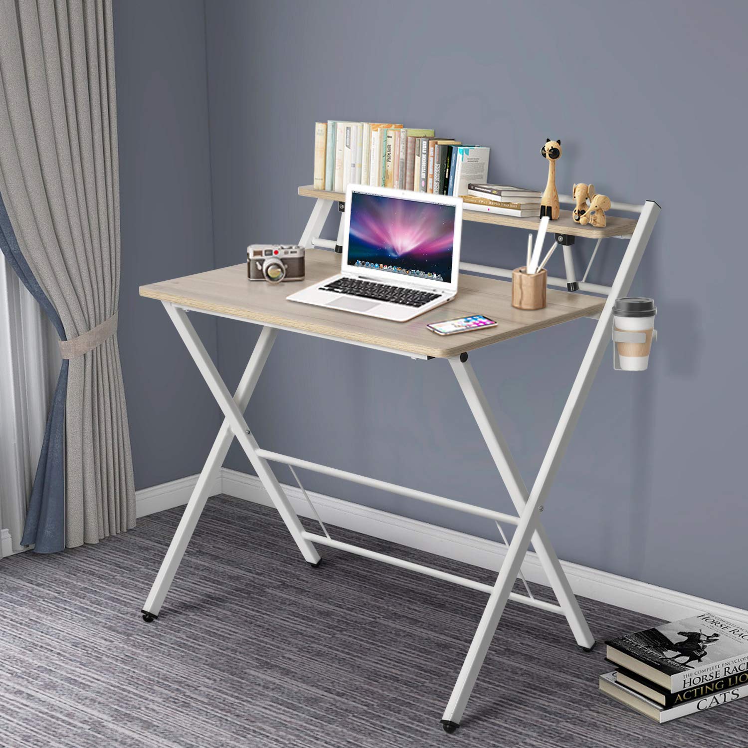 Computer Desk for Small Space, 4 Tier Bookshelves Writing Table, Multipurpose Study Desk, Kids Desk (White)