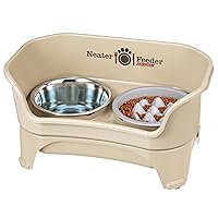 Neater Feeder - Express Model w/Niner 9 Peak Slow Feed Bowl - Mess-Proof Dog Bowls (M/L, Almond) - Made in USA – Elevated, No Spill, Non-Tip, Non-Slip, Raised Food/Water Pet Bowls Aid Digestion