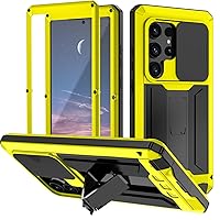 ONNAT-Metal Case for Samsung Galaxy S24 Ultra/S24 Plus/S24 with Slide Camera Protector with Screen Tempered Film with Kickstand Heavy Duty Protection (S24,Yellow)
