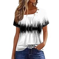 Womens Fashion Blouses and Tops Vintage Tees for Women 2024 Summer Floral Print Button Splice Fashion Trendy with Short Sleeve Scoop Neck Shirts White Medium