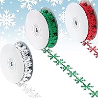3 Rolls 16.5 Yard Christmas Sewing Trim Embellishment Lace Ribbon Snowflake Lace Trim White Red Green Ribbons Vintage Lace Fabric Snowflake Wrapping Ribbon for Holiday Decor DIY Sewing Craft Supply