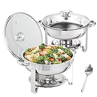 Chafing Dish Buffet Set, 4 Qt 2 Pack, Stainless Steel Chafer w/ 2 Full Size Pans, Round Catering Warmer Server w/Vented Glass Lid Water Pan Stand Fuel Holder Hook Spoon, at Least 4 People Each