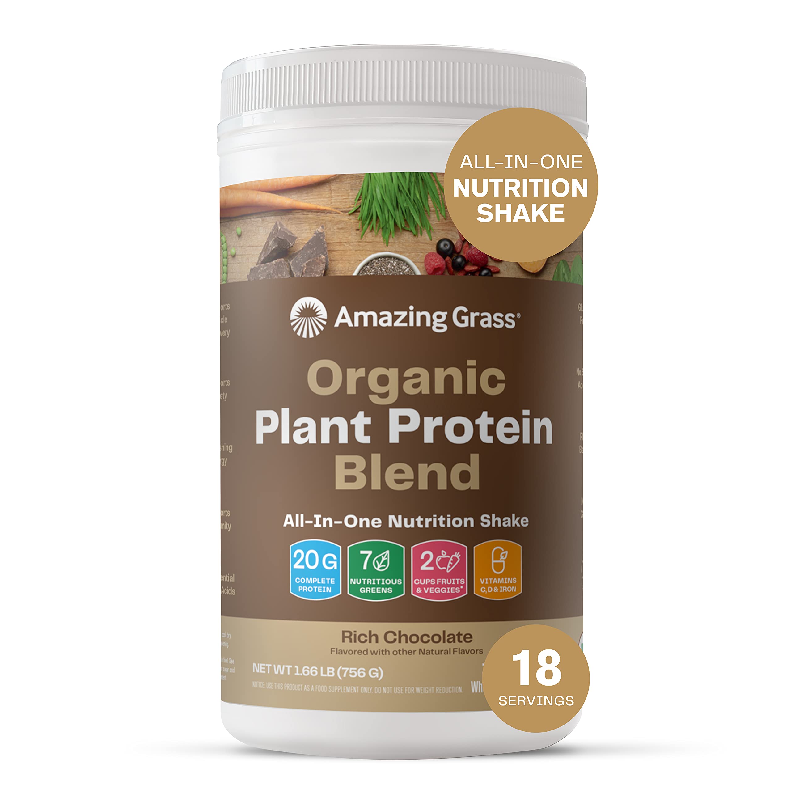 Amazing Grass Organic Plant Protein Blend: Vegan Protein Powder, New Protein Superfood Formula, All-In-One Nutrition Shake with Beet Root, Rich Cho...