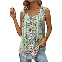 Summer Tank Tops for Women Casual Pleated Square Neck Sleeveless Tops Retro Floral Print T-Shirt Curved Hem Blouses
