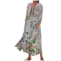 Plus Size Summer Dresses Marble Printed Round Neck 3/4 Sleeve Loose Fit Cover Ups with Pockets Dress
