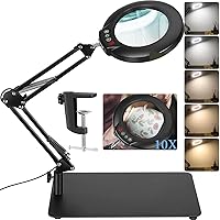 10X Magnifying Glass with Light and Stand, 2-in-1 Magnifying Desk Lamp with Clamp, 5 Color Modes Stepless Dimmable, LED Lighted Magnifier Hands Free for Painting Sewing Craft Close Work Hobby