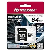 Transcend 64GB MicroSDXC Class10 UHS-1 Memory Card with Adapter 90 MB/s (TS64GUSDU1)
