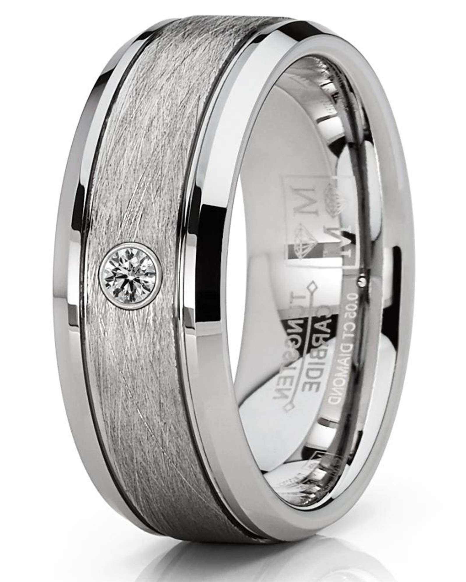 Tungsten Carbide 1/20 Cttw Diamond Brushed & Polished Grooved Men's Wedding Band Engagement Ring (Clear, SI2-I1) 8MM