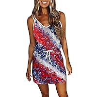 Women's 4Th of July Outfits Fashion Summer Patriotic Dresses Printed Loose Sleeveless Pocket V-Dress, S-3XL