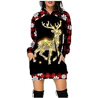 Christmas Dress Women Plus Size Hooded Sweatshirts Dress Xmas Tunic Dress Ugly Print Hoodie Sweatshirt with Pockets