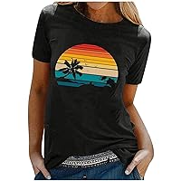 Beach Shirts for Women Hawaiian Graphic Tees Palm Tree Printed Summer Vacation Vintage Tshirt Tops Casual Blouses