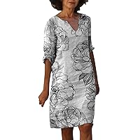 Womens Half Sleeve Dresses Trendy Printed V Neck Midi Dress Casual Floral Swing Dress 2024 Spring Summer Sundress