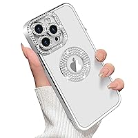 Losin Compatible with iPhone 15 Pro Max Glitter Case with Logo View for Women Girls Luxury Cute Diamond Case Bling Camera Protective Soft Clear TPU Sparkle Rhinestone Shockproof Cover, Silver