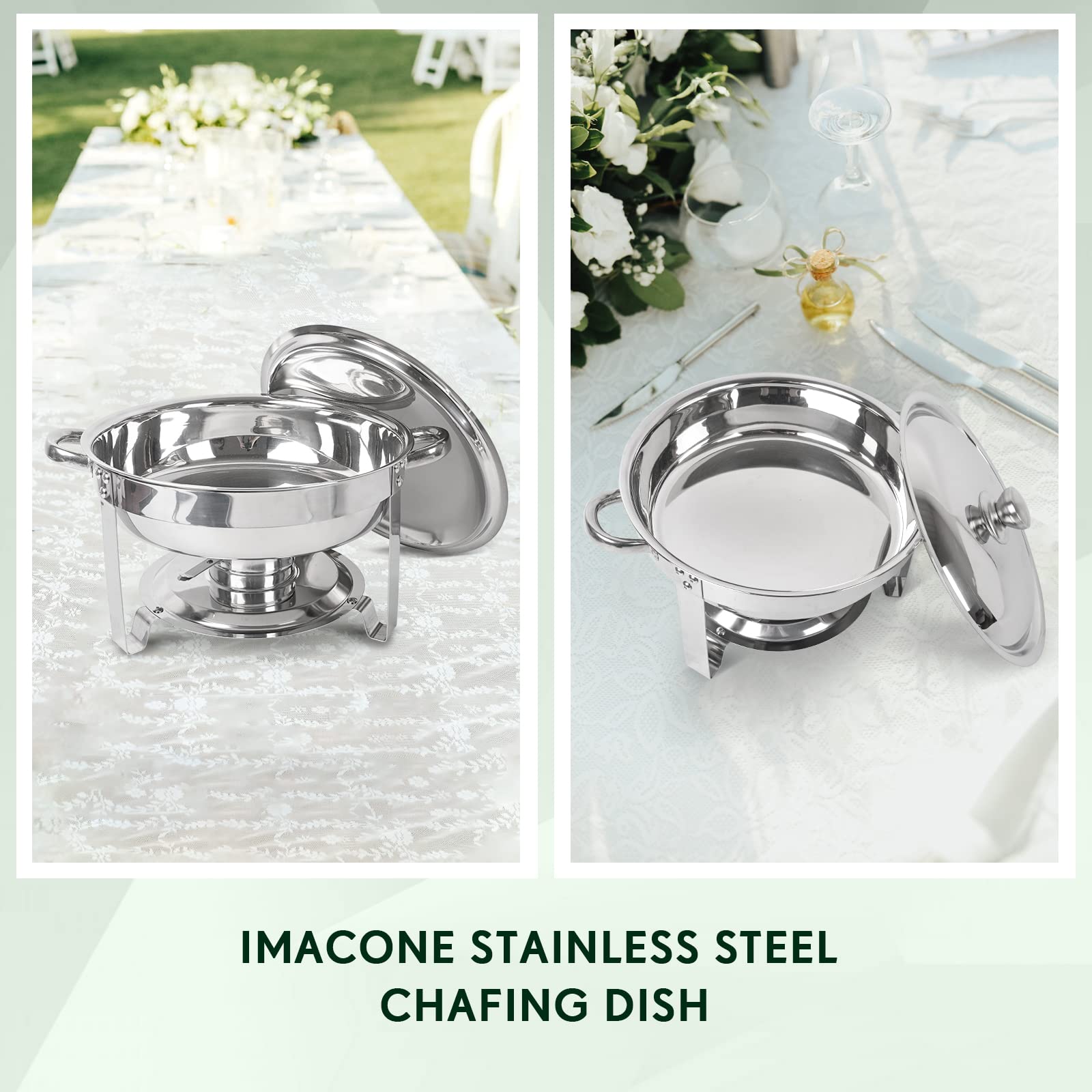 IMACONE Chafing Dish Buffet Set of 2 Pack, 5QT Round Stainless Steel Chafer for Catering, Upgraded Chafers and Buffet Warmer Sets with Food & Water Pan, Lid, Frame, Fuel Holder for Event Party Holiday