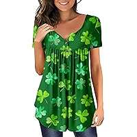 Women St. Patrick's Day Short Sleeve Tops Shamrock Clover Print Shirts Casual Loose Fit Buttons Blouses