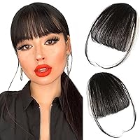 WECAN Clip in Bangs 100% Human Hair Extensions Bangs Hair Clip Brown Black Fringe with Temples Wigs for Women Curved Bangs for Daily Wear (Wispy Bangs, Brown Black)