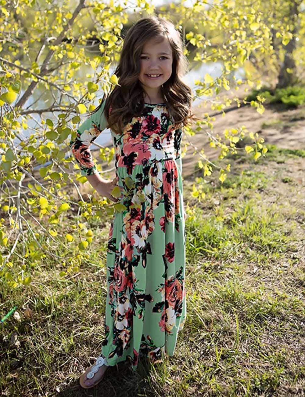 21KIDS Girls Maxi Dress Floral 3/4 Long Sleeve Dresses with Pockets for Girls 6-12 Years