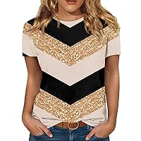 Sequin Top Summer Striped Block Color Short Sleeve Tops for Women Crew Neck Regular Fit Glitter Womens Casual Tops