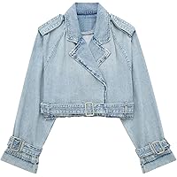 Women’s Faded Blue Denim Double Breasted Simple Casual High Street Fashion Cropped Top Belted Jeans Jacket for Women