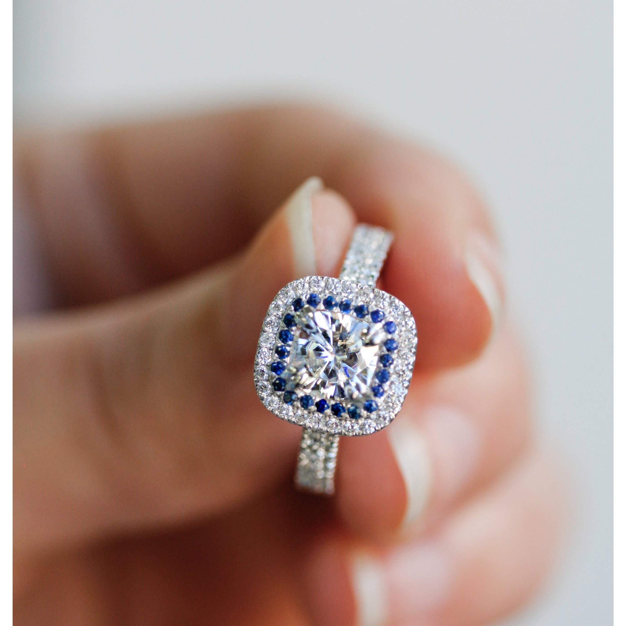Kobelli 2 Carat TW Moissanite (GH) and Sapphire Cushion Halo Engagement Ring in 14k White Gold